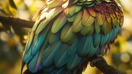 Obraz premium Colorful parrot feathers glisten in sunlight on a branch
