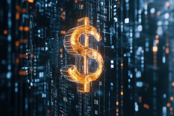 Glowing digital dollar sign against abstract data background  