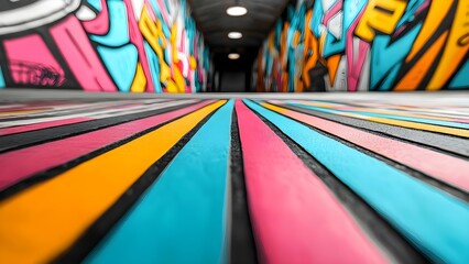 A vibrant hallway decorated with colorful graffiti walls and bold striped flooring in pink, blue, and orange. Concept Colorful Graffiti Art, Bold Striped Flooring, Vibrant Hallway Design