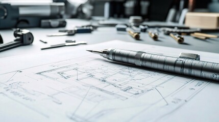 Technical Drawing on Desk with Tools and Equipment in Background