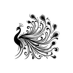Graceful Peacock Silhouette Dance – Elegant Single-Color Vector with Flowing Lines & Balanced Symmetry

