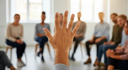 Group meeting with participants, one person raising hand, indicating discussion or Q&A