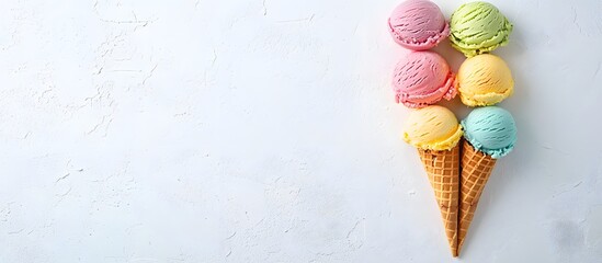  ice cream cones with different flavors and colors, arranged in an artistic composition on a white background.