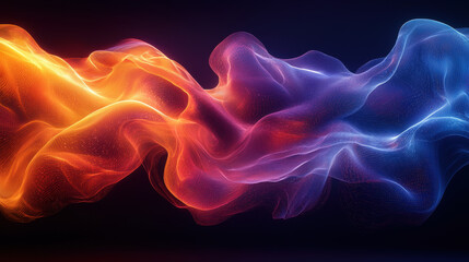 Obraz premium Abstract digital waves in vibrant orange and blue colors create mesmerizing visual effect, evoking sense of movement and energy in dark background