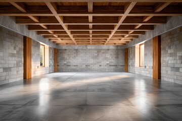 Fototapeta premium Large Unfinished Empty Basement with Rough Cement Walls and Wood Beams