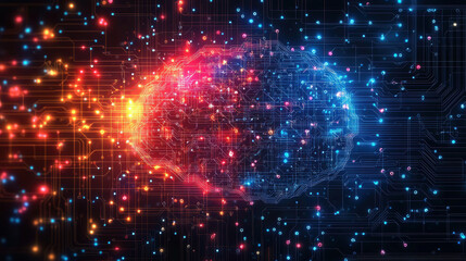 Fototapeta premium vibrant digital representation of brain, showcasing neural networks and deep learning concepts with colorful lights and circuits, symbolizing advanced technology and innovation