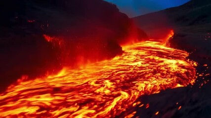 A glowing river of molten lava moving slowly, with embers and heat distortions creating a dynamic, fiery atmosphere - Powered by Adobe