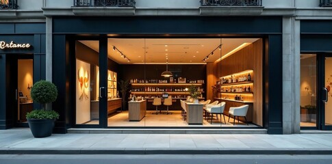 Modern sleek beauty salon with glass storefront in urban area, hairdresser, modern