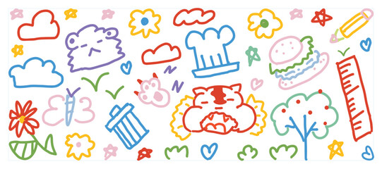Cute kids hand drawn doodle vector. Flower, cloud, sun, food, summer illustration. 