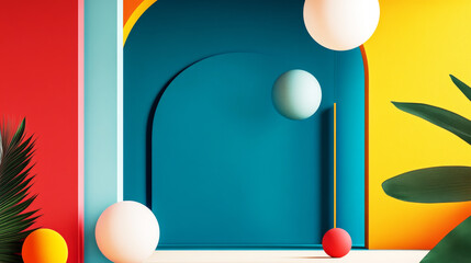 Abstract Geometric Composition: A vibrant and playful composition featuring dynamic geometric shapes, including spheres, arches, and lines, set against a backdrop of vivid colors.