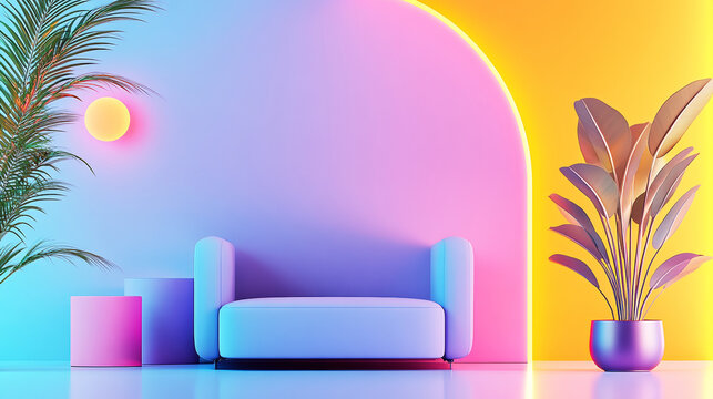 Neon Living: A vibrant interior design concept featuring a modern couch, stylized plants, and geometric accents, all bathed in the glow of neon colors.