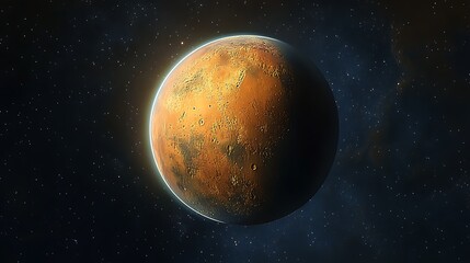 Rocky Planet in Starry Space, A detailed view of a planet with a rocky surface and craters, set against a starry space background