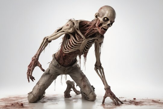 A decaying zombie crawls on all fours, its exposed bones and flesh dripping with blood.