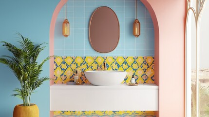 Elegant Washroom: A stylish washroom showcases a harmonious blend of vibrant colors, decorative tiles, and sleek fixtures, offering a glimpse into a sophisticated and well-designed space.