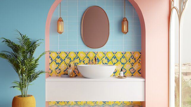 Elegant Washroom: A stylish washroom showcases a harmonious blend of vibrant colors, decorative tiles, and sleek fixtures, offering a glimpse into a sophisticated and well-designed space.