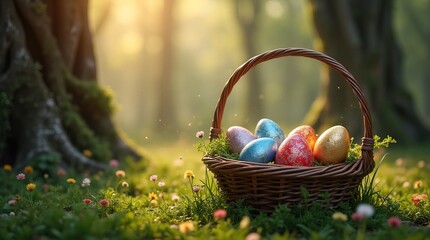 Wicker basket of shimmering colorful Easter eggs on a lush forest floor. Sunlight filters through trees, illuminating fireflies and wildflowers in the blurred background. Space for greeting text.