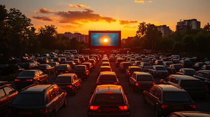 Cinema Under the Sunset: A captivating shot captures the charm of an outdoor cinema experience, the image bathed in the warm hues of a setting sun. Rows of cars face a large screen.