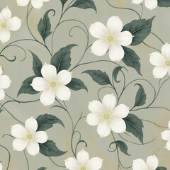 Elegant seamless floral pattern featuring white flowers and dark green leaves on a muted sage background, perfect for textiles, wallpapers, and decorative designs.
