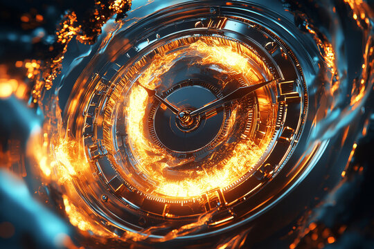 Timeless Flames: A close-up, high-dynamic-range shot capturing a vintage clock surrounded by ethereal flames and swirling liquid, suggesting the passage of time and the dance of chaos.