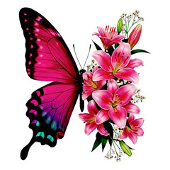 Pink Butterfly Wing Morphing into Blooming Pink Lilies 