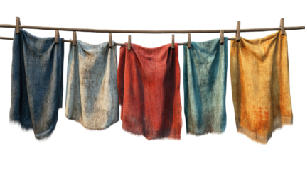 Laundry Day's Colorful Symphony: A vibrant array of colorful cloths hanging on a clothesline, each one a unique texture and hue, drying under the sun, evokes memories of simple life.