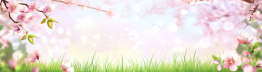 Obraz premium Spring pink flowers on green grass