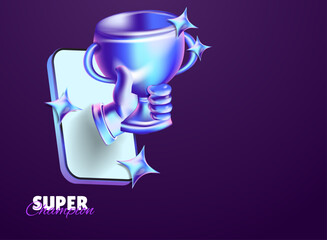 trophy award with hand and phone modern light 3d hologram holo futuristic template design