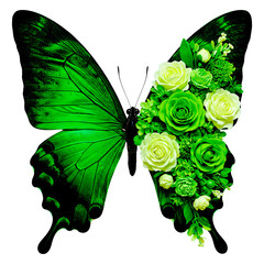 Green Gradient Butterfly Wing Merging into Green and White Roses 