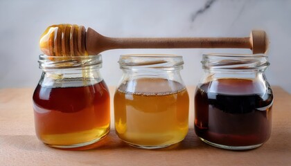 Close up of honey, maple syrup, and agave nectar in glass jars with wooden spoon on wooden surface