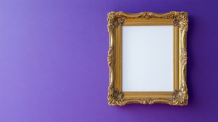 Gold frame on purple wall; mockup; design element; empty space