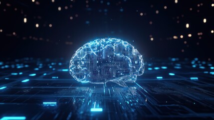Futuristic holographic brain on a digital circuit board.  A glowing, transparent representation of a brain is displayed on a dark background composed of illuminated circuit lines.  