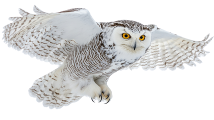 Majestic Snowy Owl in Flight: A stunning, close-up image of a snowy owl in full flight, wings gracefully outstretched against a clear sky, its piercing gaze fixed forward.