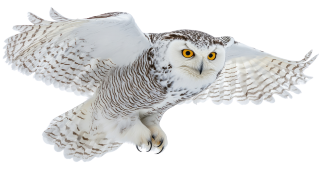 Majestic Snowy Owl in Flight: A stunning, close-up image of a snowy owl in full flight, wings gracefully outstretched against a clear sky, its piercing gaze fixed forward.