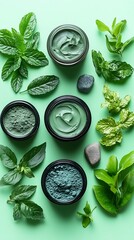 Obraz premium Green skincare products and herbs displayed on a green background together