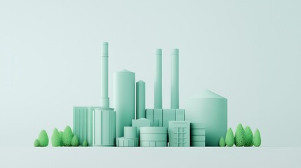 Fototapeta premium A minimalist illustration of a green factory skyline with stylized trees, representing eco-friendly industry and modern architecture.