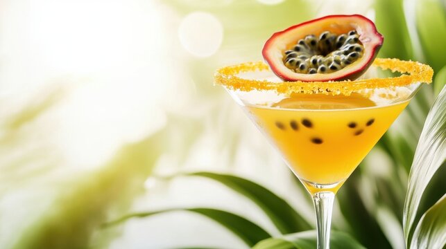 World Passion Fruit Martini Day Tropical passion fruit martini with sugar rim and refreshing citrus garnish in lush greenery