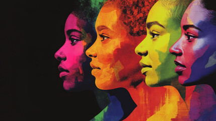 Fototapeta premium United in diversity: A vibrant rainbow portrait of women standing in solidarity and strength.