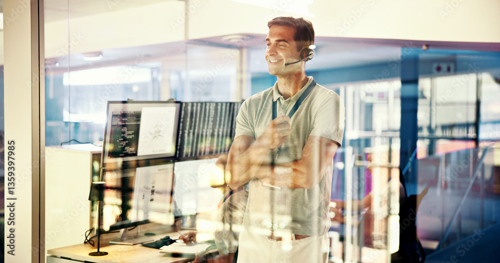 Aufkleber control room, headset and smile with man in airport for communication, safety or weather update. com