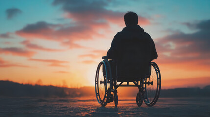 Obraz premium A person in a wheelchair is enjoying the sunset, finding peace and tranquility in nature.