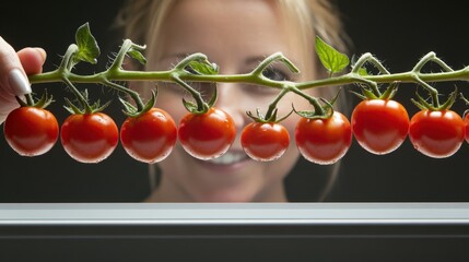 A smiling woman inspects a vine of ripe cherry tomatoes, showcasing freshness and the joy of gardening or homegrown produce