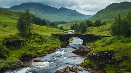 A river carving its way through a rugged highland with scattered stone bridges and verdant banks.