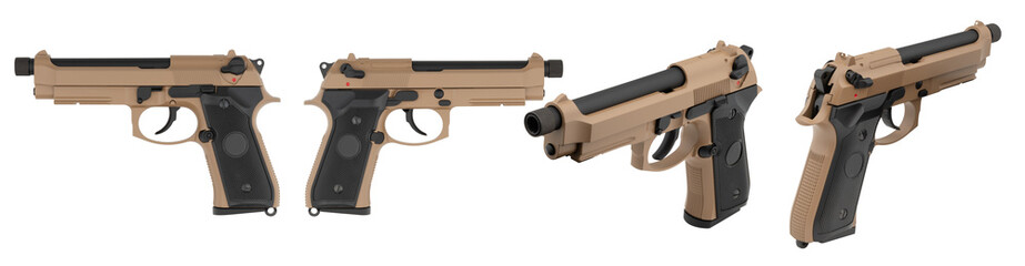  Set of Pistol Baretta M9A1 color sand isolated on white background. Handgun at different view...