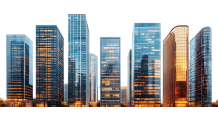 Tall glass skyscrapers illuminate the urban New York City skyline at night