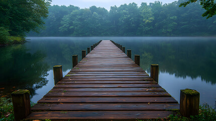 Obraz premium Serene Lakeside Pier: A rustic wooden pier extends gracefully into a tranquil lake, surrounded by lush greenery, with mist rising from the water, offering a serene view.