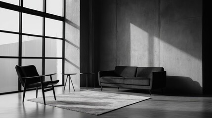 Black Sofa and Armchair in Empty Room with Concrete Walls, Minimalist Interior Design