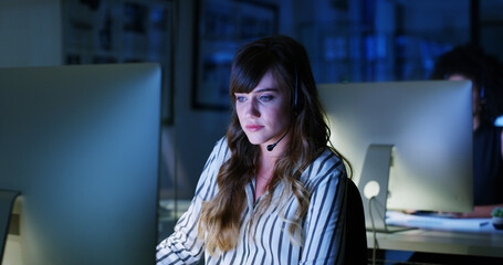 Night, contact or businesswoman in call center with computer, communication or sales at help desk. Virtual assistant, consultant or customer service agent with mic headset, online support or advice