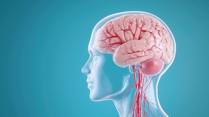 A digital illustration of a human head in profile, showcasing the brain, blood vessels, and nervous system against a blue background.