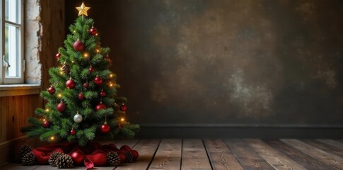 A beautifully decorated wooden Christmas tree stand adorned with holly and pinecones, pinecones, holly