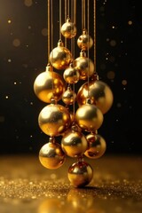 A cluster of gold ornaments suspended in mid-air on a dark gold surface, winter accessories, holiday decor