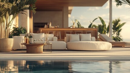 Fototapeta premium Airy luxury living room blending outdoor and indoor spaces, featuring sofa seating with elegant table decor, interior bar in view, infinity pool merging into the morning horizon 